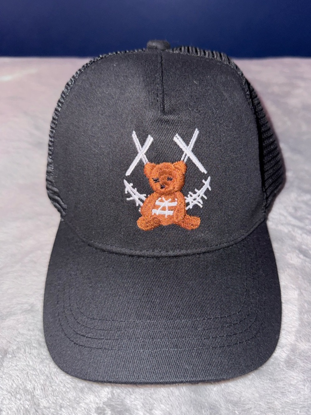 Mens Black Trucker Hat with Embroidered Brown Teddy Bear